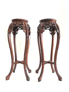 Pair of Carved Chinese Marble Top Pedestals / Stands