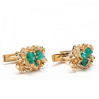 Pair of 14KT Gold and Emerald Cuff Links, Charles Hopkins