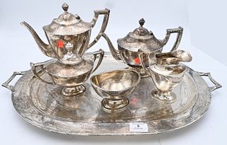 Six Piece Peggy Page Sterling Silver Tea Set, to include a large two-handled tray, teapot, coffee pot, covered sugar, open sugar and creamer, marked P