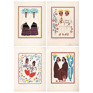 CARLOS MÉRIDA, From the binder Trajes regionales mexicanos,1945, Signed, Serigraphs without print number, 11.8 x 9" (30 x 23 cm) each, Pieces: 4 | CAR