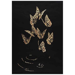 ALENA VAVILINA, Golden butterflies, from the series Black collection, Signed, Acrylic and gold leaf on paper, 39.3 x 27.5" (100 x 70 cm), Certificate 