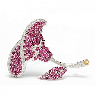 18KT Ruby and Diamond Brooch, signed
