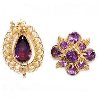 Two Gold Amethyst and Diamond Brooches