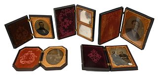 Six Union Cases to include five union cases, one double bag, 1/2 plate case with ambrotype, slight cracks.