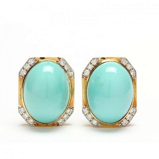 18KT Turquoise and Diamond Ear Clips