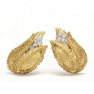 Pair of 18KT Gold and Diamond Ear Clips, signed