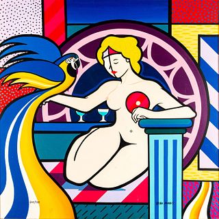 Valter Morais (Brazilian b. 1948) Giclee on Canvas, Parrot and Woman