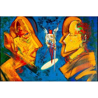 Pedro Lazaro (Brazilian b.1949) Mixed Media on Canvas, Face To Face