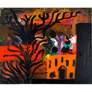 Sid Rheuban (American b. 1924), Acrylic on Canvas, Orange House and Black Trees