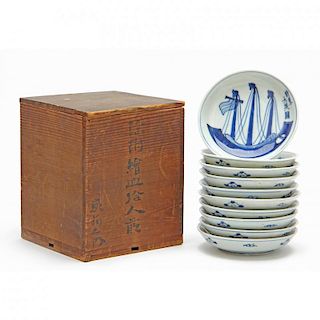 Set of Ten Japanese Arita Plates with Ships 
