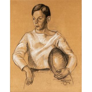 Ben Clements 1930s Mixed Media Drawing, Boy with Football