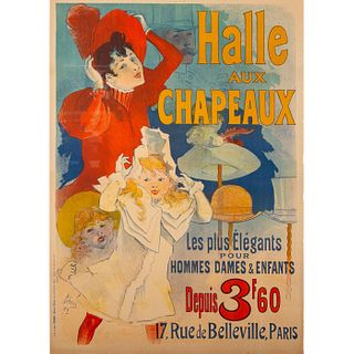 Framed Jules Cheret Antique Poster, Halle aux Chapeaux