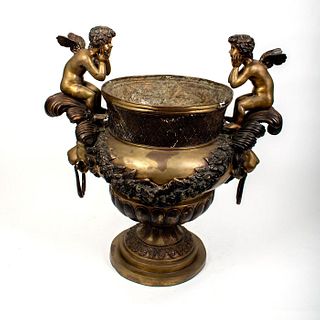 Impressive Palatial Mid-Century Bronze Urn, Cherubs and Lions