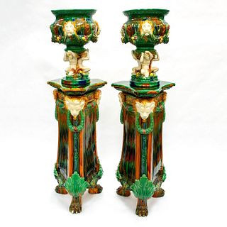 Pair of Antique Majolica Figural Jardinieres with Pedestals