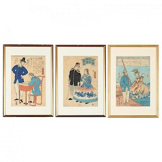 Three Japanese Yokohama-e Woodblock Prints 