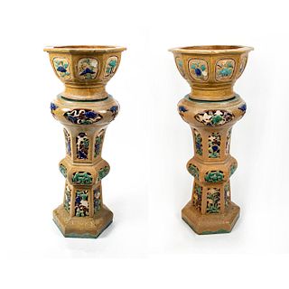 Pair of Chinese Monumental Stoneware Jardinieres and Pedestal Stands