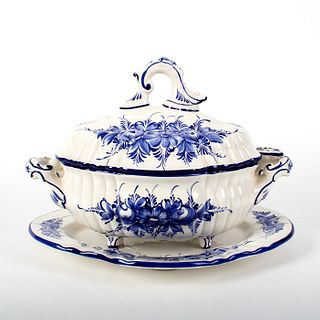Blue and White Ceramic Soup Tureen, Ladle and Platter Plate