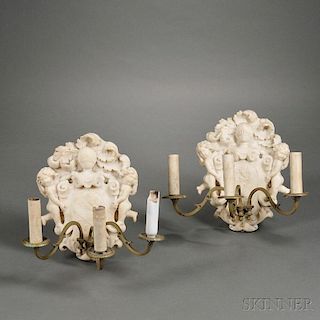 Pair of Carved Marble and Brass Three-light Wall Sconces