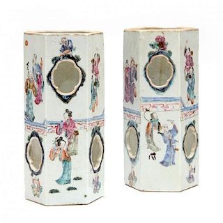 A Pair of Chinese Famille Rose Hexagonal Hat Stands 