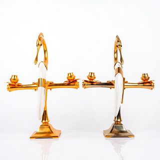 Pair of Brass Heron Bird Candle Holders with Faux Tusk Body