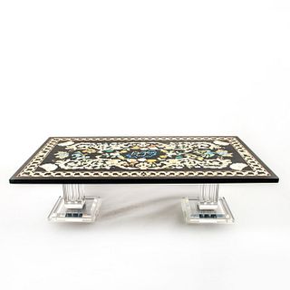 Hand Painted Coffee Table Top With Two Lucite Pillars