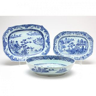 Group of Three Nanking Canton Blue and White Porcelain 