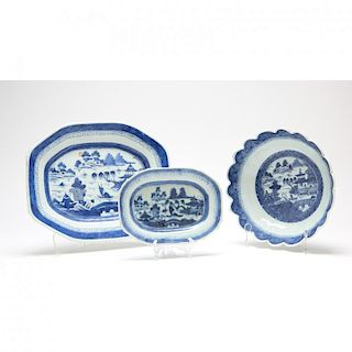 Group of Three Canton Blue and White Porcelain 