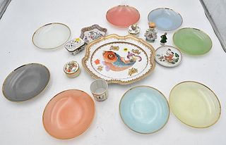 Group of Assorted Items, to include set of eight thin colored glass dishes having gold rims, a Tiffany hand painted cup, Mottahedeh, Limoges, etc.