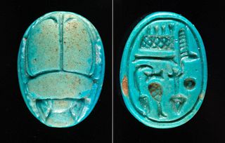 Egyptian Glazed Faience Scarab Pendant w/ Inscription