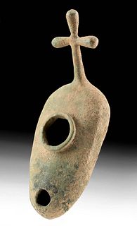 Early Byzantine Bronze Oil Lamp w/ Cross Handle