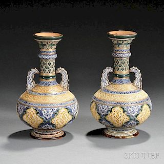 Pair of Doulton Lambeth Persian-style Two-handled Vases