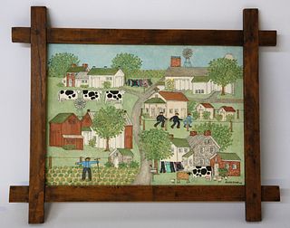Arlene Fisher Folksy Oil on Artist Board "Amish Schoolhouse and Farm Scene"