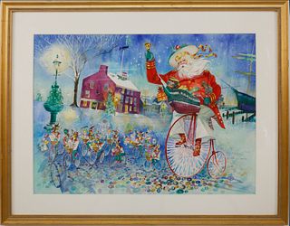 C. Robert Perrin Watercolor on Paper "Santa and His Reindeer on Main Street, Nantucket"