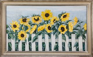Roy Bailey Oil on Canvas "Sunflowers Before a White Picket Fence"