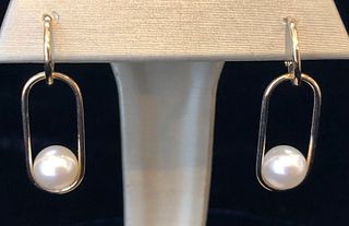 Fine Pair of 7.5mm-8mm Akoya Cultured Pearl 14k Gold Earrings