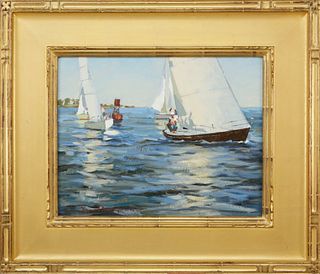 David Bareford Oil on Canvas "In a Light Breeze Rounding #2 Buoy"