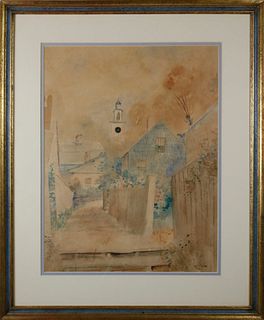Louis Kinney Harlow Watercolor "View of the Unitarian Church from Stone Alley"