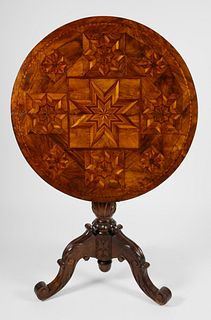 Profusely Inlaid Round Tilt Top Tea Table , 19th Century
