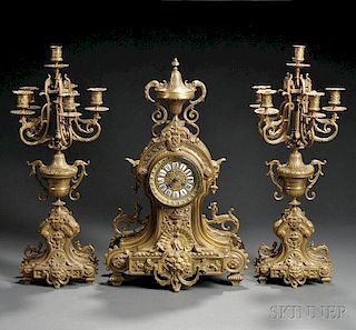 Three-piece Japy Frere Bronze Clock Garniture