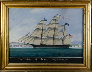 Raffaele Corsini Watercolor "Portrait of the Bark 'White Cloud' of Boston Entering Smyrna Bay, 1857