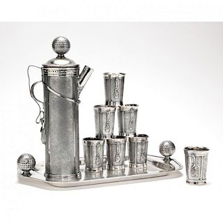 A Novelty Silverplate "Golfing" Cocktail Shaker, Cups & Tray 