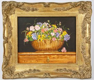 Kathryn White Cerasulo Oil "Nantucket Basket Floral Bouquet Still Life"