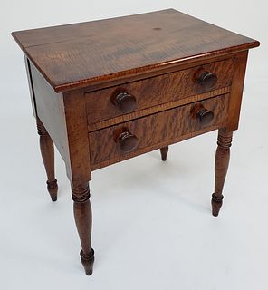 New England Sheraton Tiger Maple Two Drawer Work Stand, 19th Century