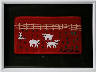 Mamie Deschillie Tempera on Cardboard "Three Little Lambs and Dog"