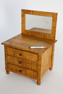 Miniature Tiger Maple Hand Crafted Three-Drawer Mirrored Dresser