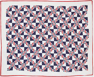 Vintage Patriotic Red White and Blue "Flying Geese" Patchwork Quilt circa 1940s
