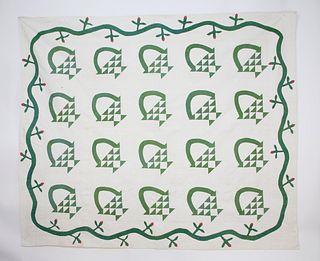 Vintage Green Calico on White Flower Basket Patchwork Quilt, circa 1930s