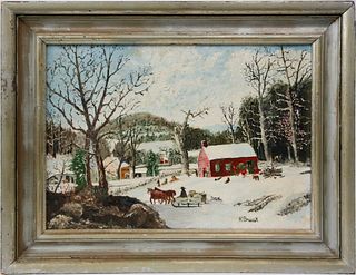 H. Bruck oil on Canvas Board "Winter in New England with Rural Activities"
