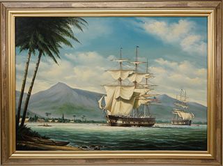 Salvatore Colacicco Oil on Wood Panel "First Whale Ship in Hawaii, 1819"