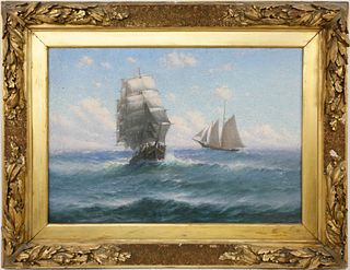 Theodore Victor Valenkamph Oil on Canvas "Ship and Schooner on the High Seas"